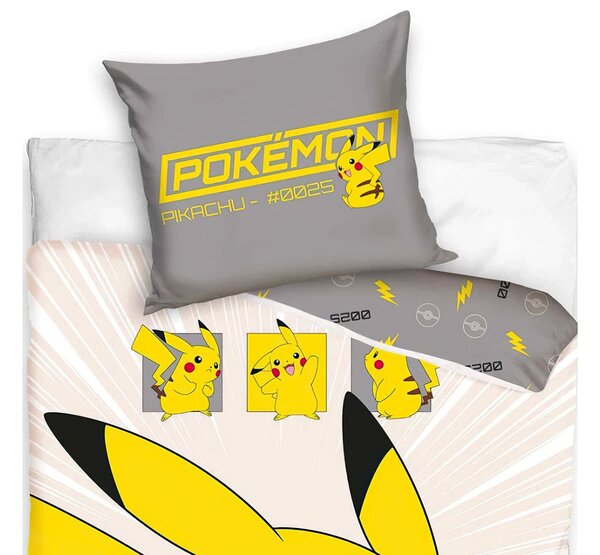 Carbotex dětské povlečení POKÉMON PIKACHU V AKCI, šedé, bavlna hladká, 140x200cm + 70x90cm