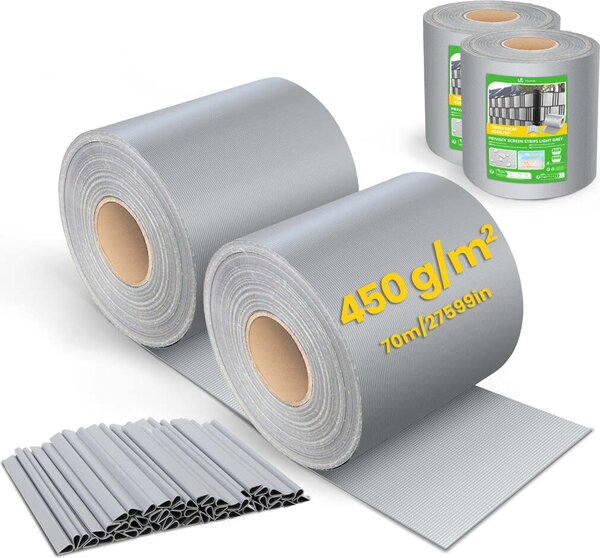 VOUNOT® PVC ochranné pásky pro ploty s dvojitou mříží, 140 m x 19 cm, 80 upevňovacích klipů, světle šedá barva