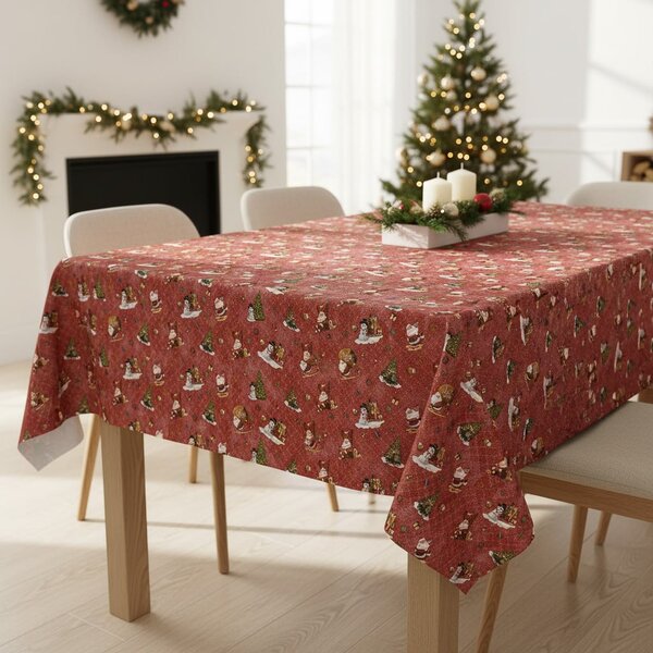 Sareha Ubrus PVC s textilním podkladem vánoční 1334-02 dětský, santa a sněhulák na červené, š.140cm (metráž)