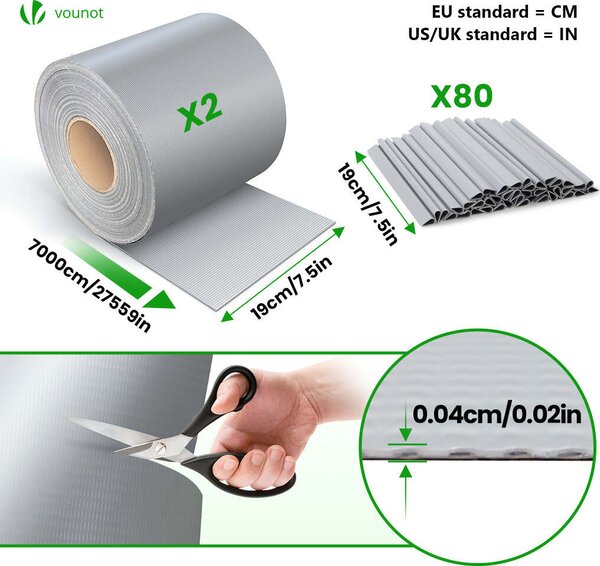VOUNOT® PVC ochranné pásky pro ploty s dvojitou mříží, 140 m x 19 cm, 80 upevňovacích klipů, světle šedá barva