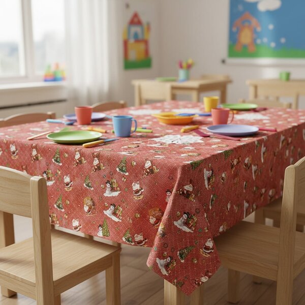 Sareha Ubrus PVC s textilním podkladem vánoční 1334-02 dětský, santa a sněhulák na červené, š.140cm (metráž)