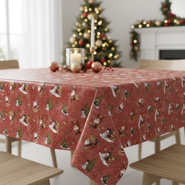 Sareha Ubrus PVC s textilním podkladem vánoční 1334-02 dětský, santa a sněhulák na červené, š.140cm (metráž)