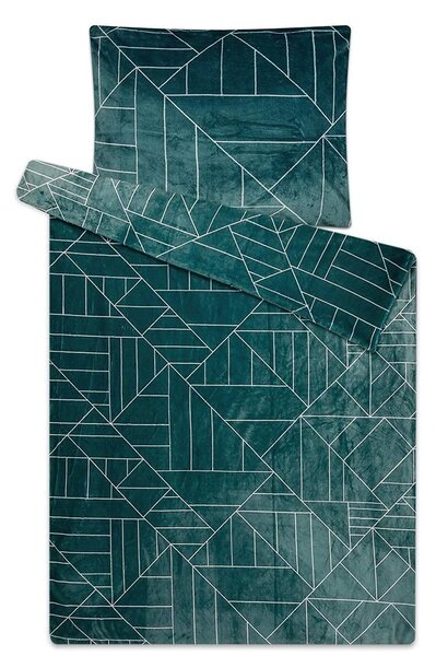 SLEEP WELL povlečení VEČER DOMA mikroflanel, geometrický vzor, tmavě zelené 140x200cm + 70x90cm