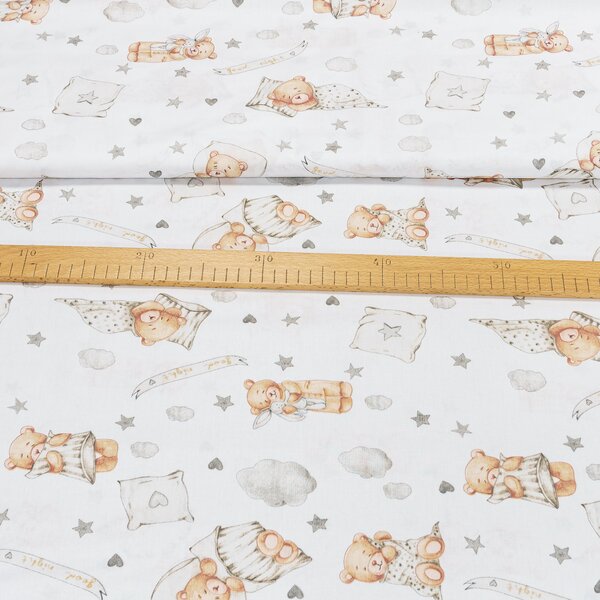 Bavlněné plátno dětské POLO béžový medvídek s hvězdičkami na bílé, š.160cm (látka v metráži)