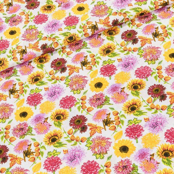 Bavlněné plátno POLO směs květin na bílé, š.140cm (látka v metráži)