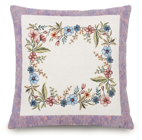Dekoratex Dekorační povlak na polštářek RETRO CHENILLE, drobné květy, fialový rámeček 45x45cm