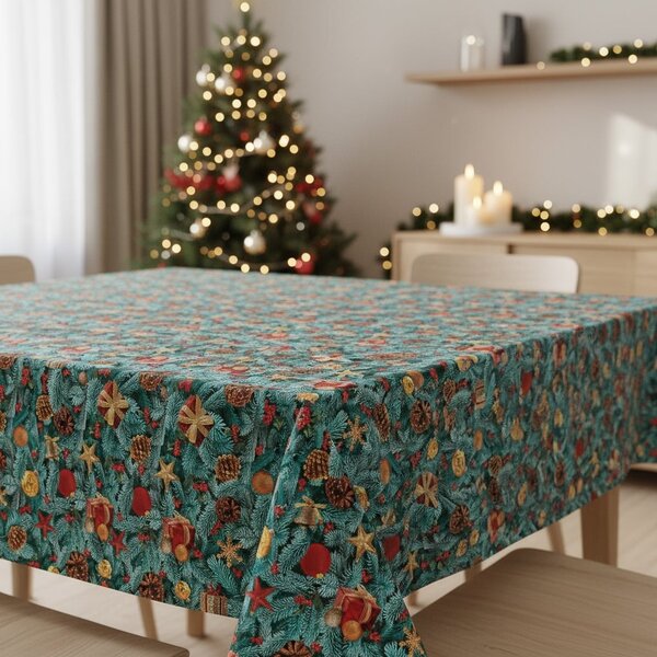 Sareha Ubrus PVC s textilním podkladem vánoční 20A jehličí, šišky a dárky, š.140cm (metráž)