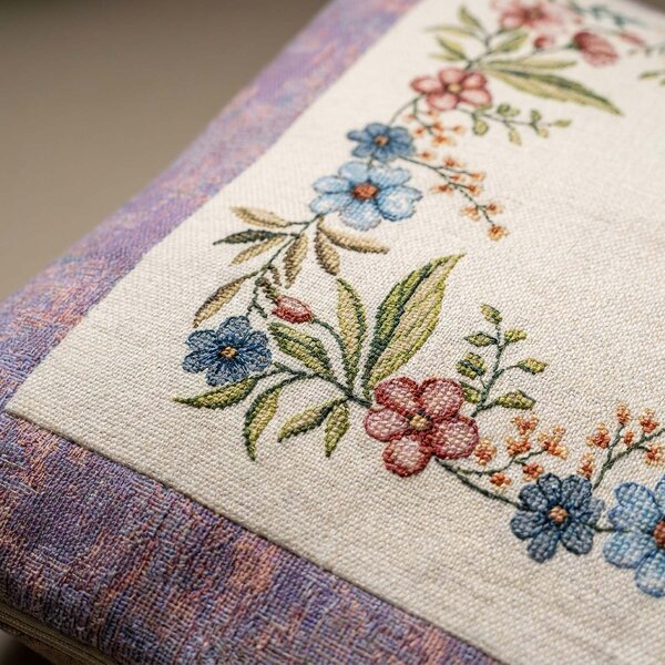 Dekoratex Dekorační povlak na polštářek RETRO CHENILLE, drobné květy, fialový rámeček 45x45cm