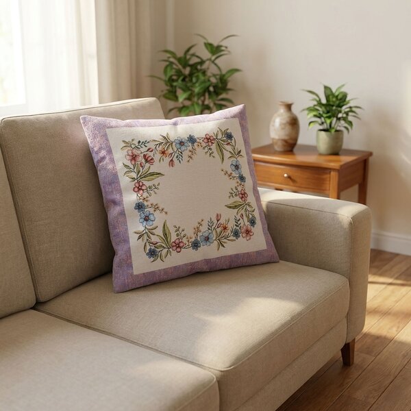 Dekoratex Dekorační povlak na polštářek RETRO CHENILLE, drobné květy, fialový rámeček 45x45cm