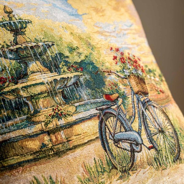 Dekoratex Dekorační povlak na polštářek RETRO FONTÁNA A BICYKL, béžovo-zelená 45x45cm