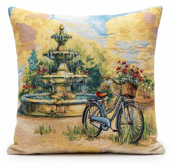 Dekoratex Dekorační povlak na polštářek RETRO FONTÁNA A BICYKL, béžovo-zelená 45x45cm