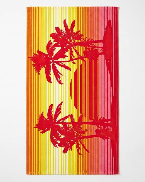 Praktik plážová osuška MAXI PALM AND SUN, palmy, červeno-žlutá, froté, 100x180cm