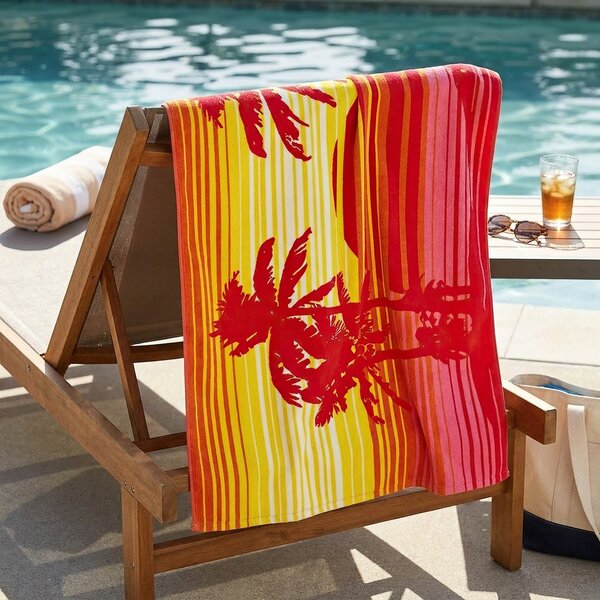 Praktik plážová osuška MAXI PALM AND SUN, palmy, červeno-žlutá, froté, 100x180cm