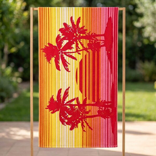 Praktik plážová osuška MAXI PALM AND SUN, palmy, červeno-žlutá, froté, 100x180cm