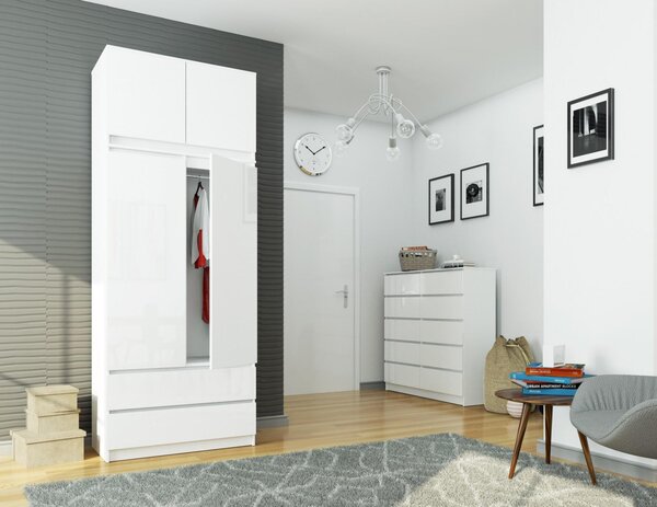 Šatní skříň s otočnými dveřmi a nástavcem 90cm bílá lesklá