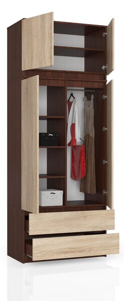 Šatní skříň s otočnými dveřmi a nástavcem 90cm wenge / sonoma