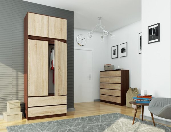 Šatní skříň s otočnými dveřmi a nástavcem 90cm wenge / sonoma