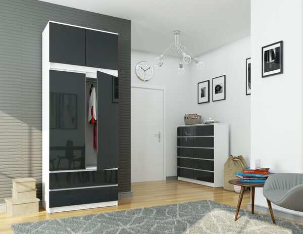 Šatní skříň s otočnými dveřmi a nástavcem 90cm grafitově lesklá