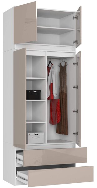 Šatní skříň s otočnými dveřmi a nástavcem 90cm bílá / cappuccino lesklá