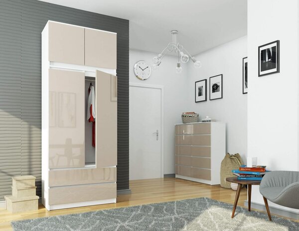 Šatní skříň s otočnými dveřmi a nástavcem 90cm bílá / cappuccino lesklá