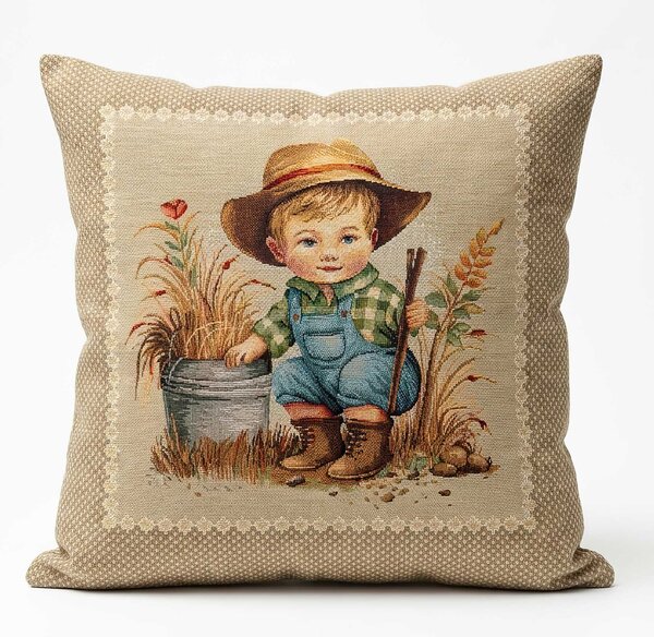 Dekoratex Dekorační povlak na polštářek RETRO CHLAPEC ZAHRADNÍK, béžová 45x45cm