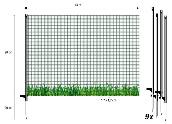 Ohraničovací plot 15 m - Mobilní - Psí plot - Zahradní plot - 9 sklolaminátových sloupků