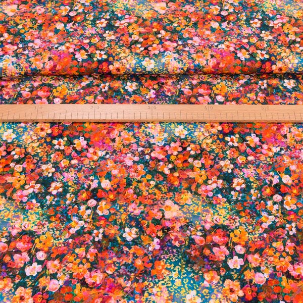 Šatovka viskózová B0173, oranžovo-modré květinky, š.160cm (látka v metráži)