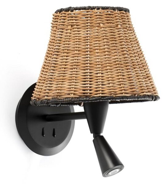 SUMBA černá/ratan nástěnná lampa se čtecí lampičkou - FARO