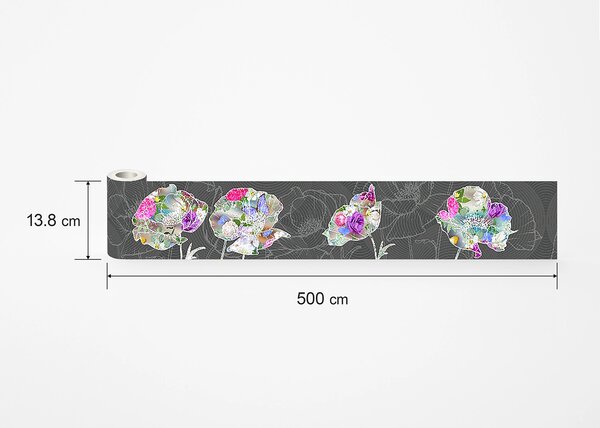 Samolepící bordura na zeď Barevné Květy na Šedém Podkladu | 5 m x 13.8 cm | DWB8246