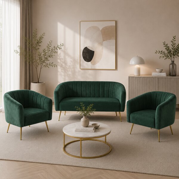KONDELA Designový 2-sed, tmavě zelená Velvet látka/gold chrom-zlatý, BAGY