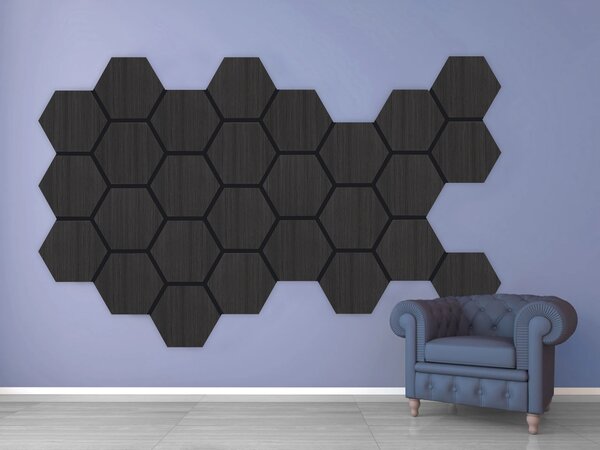 Akustický panel s dřevěnou dýhou - Hexagon - dekor dub černý | 79,8×66 cm | AKH004 | .cz