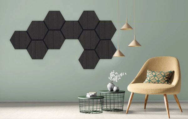 Akustický panel s dřevěnou dýhou - Hexagon - dekor dub černý | 79,8×66 cm | AKH004 | .cz