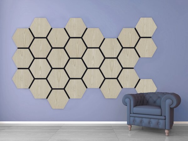 Akustický panel s dřevěnou dýhou - Hexagon - dekor dub světlý | 79,8×66 cm | AKH001 | .cz