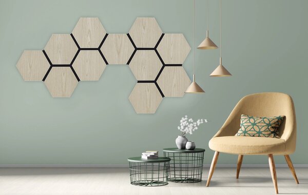 Akustický panel s dřevěnou dýhou - Hexagon - dekor dub světlý | 79,8×66 cm | AKH001 | .cz