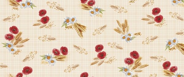 Ubrus PVC s textilním podkladem 1238-00 FLORISTA, vlčí máky s obilím na béžovém káru, š.140cm (metráž), š.140cm (metráž)