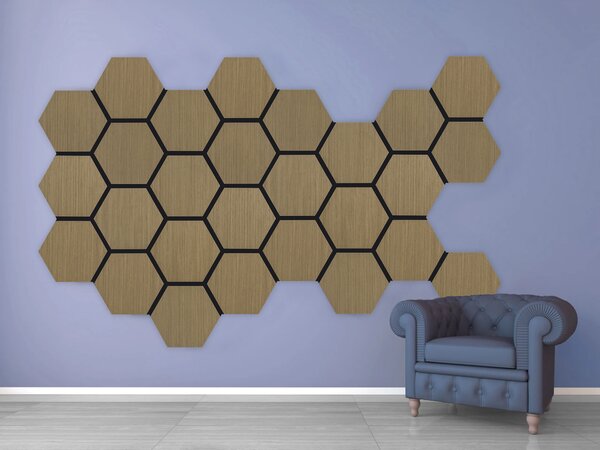 Akustický panel s dřevěnou dýhou - Hexagon - dekor dub hnědý | 79,8×66 cm | AKH003 | .cz