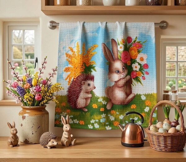 Bellatex kuchyňská utěrka velikonoční 321 ZAJÍČEK A JEŽEČEK, modrá 1 kus, 50x60cm