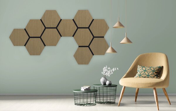 Akustický panel s dřevěnou dýhou - Hexagon - dekor dub hnědý | 79,8×66 cm | AKH003 | .cz