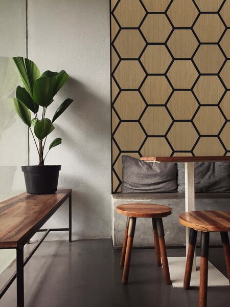 Akustický panel s dřevěnou dýhou - Hexagon - dekor dub hnědý | 79,8×66 cm | AKH003 | .cz