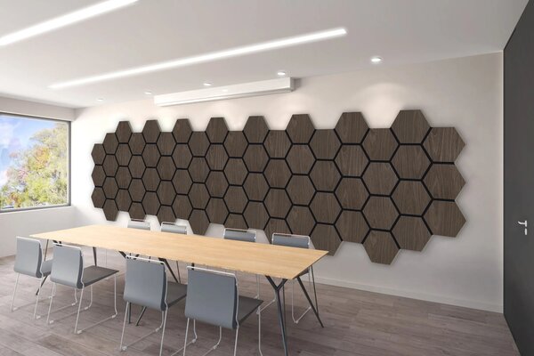 Akustický panel s dřevěnou dýhou - Hexagon - dekor ořech tmavý | 79,8×66 cm | AKH005 | .cz