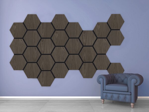 Akustický panel s dřevěnou dýhou - Hexagon - dekor ořech tmavý | 79,8×66 cm | AKH005 | .cz