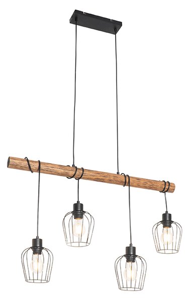 Venkovská závěsná lampa černá se dřevem 4 -světlo - Stronk