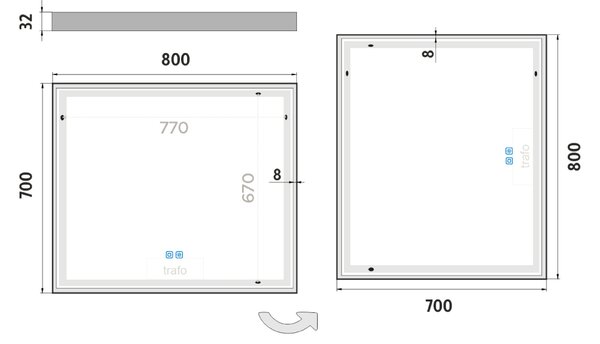 Bílé LED zrcadlo 800x700 se dvěma dotykovými senzory