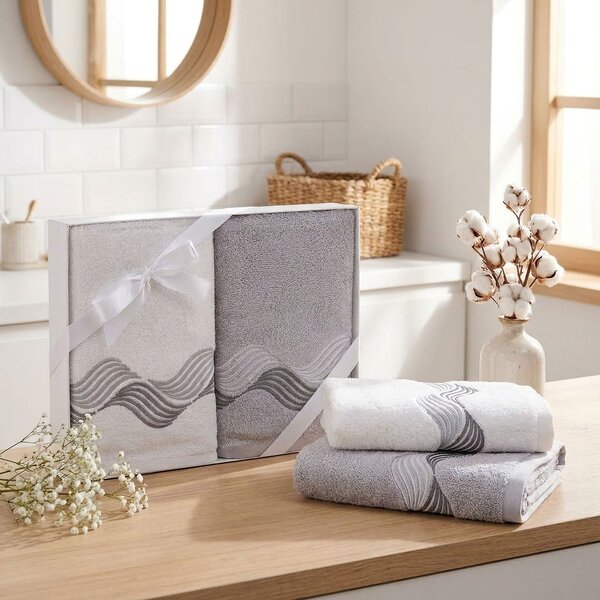 Praktik dárkový set froté ručníků SANY 03, vlnky, bílo-šedá, 2x 50x90cm