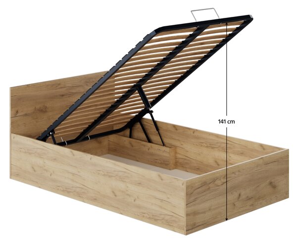 KONDELA Postel s kovovým roštem a úložným prostorem, 120x200, dub artisan, DOLI