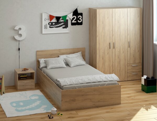 KONDELA Postel s kovovým roštem a úložným prostorem, 120x200, dub artisan, DOLI