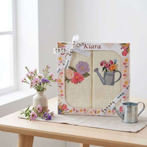 Utěrky KIARA 163 vaflové vyšívané, dárkové balení, konvička s květinami na smetanové, 2 kusy 50x70cm