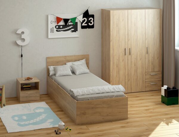 KONDELA Postel s kovovým roštem a úložným prostorem, 90x200, dub artisan, DOLI