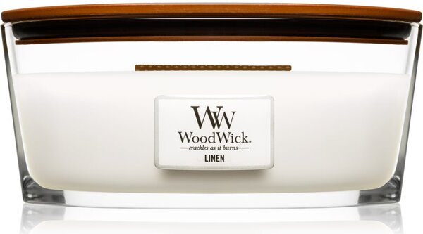 Woodwick Linen vonná svíčka s dřevěným knotem (hearthwick) 453.6 g