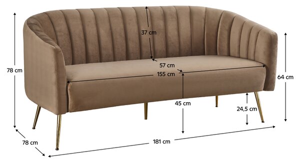 KONDELA Designový 3-sed, hnědá Velvet látka/gold chrom-zlatý, BAGY